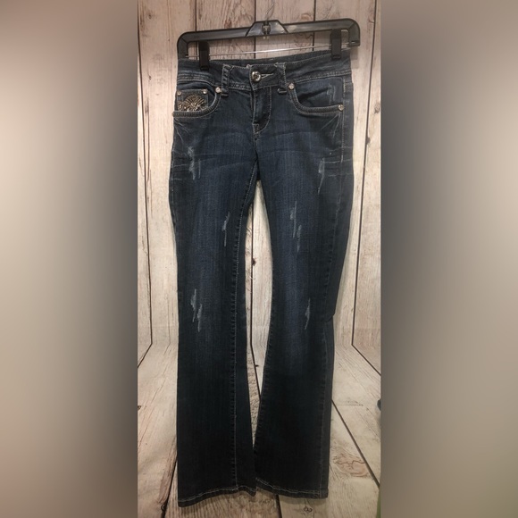 LA IDOL Women’s Jeans Size 1 W27 L33 Tattered Rhinestone Pocket (see details - Picture 2 of 10